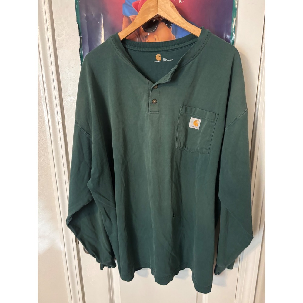 Carhartt Mens 2XL Green Long Sleeve Henley Pocket T-Shirt Workwear Distressed